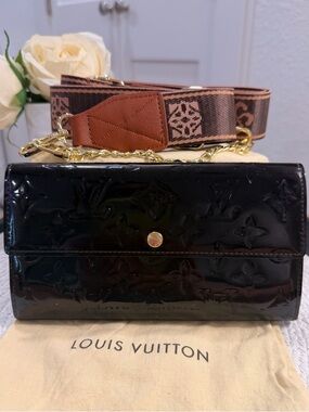LV Amarante Monogram Vernis Sarah Continental Wallet + Bag Strap & Dust Bag, COA